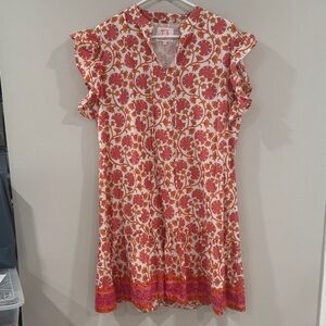 Victoria Dunn Pink Orange Floral flutter sleeve tunic shift dress cottagecore